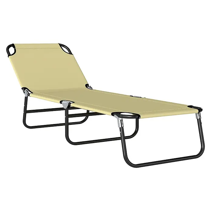 Furnicato Gartenliege - B x T: 56 x 188 cm, Cremeweiß, Verbundwerkstoff - Eine beigefarbene, klappbare Sonnenliege mit verstellbarer Rückenlehne und schwarzem Metallrahmen.