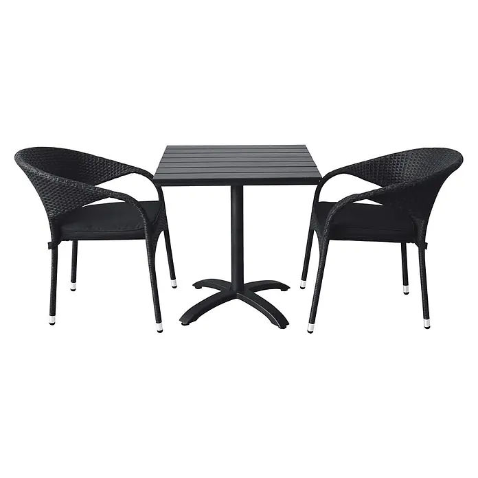 Ebuy24 Gartentisch Alli - L x B x H: 70 x 70 x 72 cm, Ø x H: 70 x 72 cm, Aluminium, Polywood, Sonstige, Schwarz - Schwarzes Outdoor-Bistro-Set mit zwei geflochtenen Stühlen mit Kissen und einem quadratischen Lattenrost-Tisch.