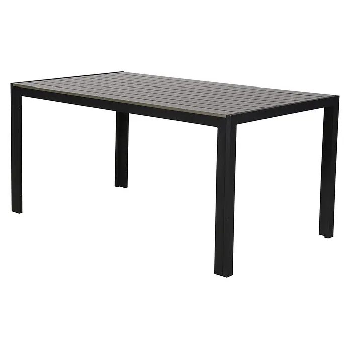 Ebuy24 Gartentisch Cirl - L x B x H: 90 x 150 x 75 cm, Ø x H: 150 x 75 cm, Aluminium, Polywood, Sonstige, Schwarz - Rechteckiger Tisch mit schwarzem Metallrahmen und grauer Lamellenplatte, ideal für den Außenbereich.
