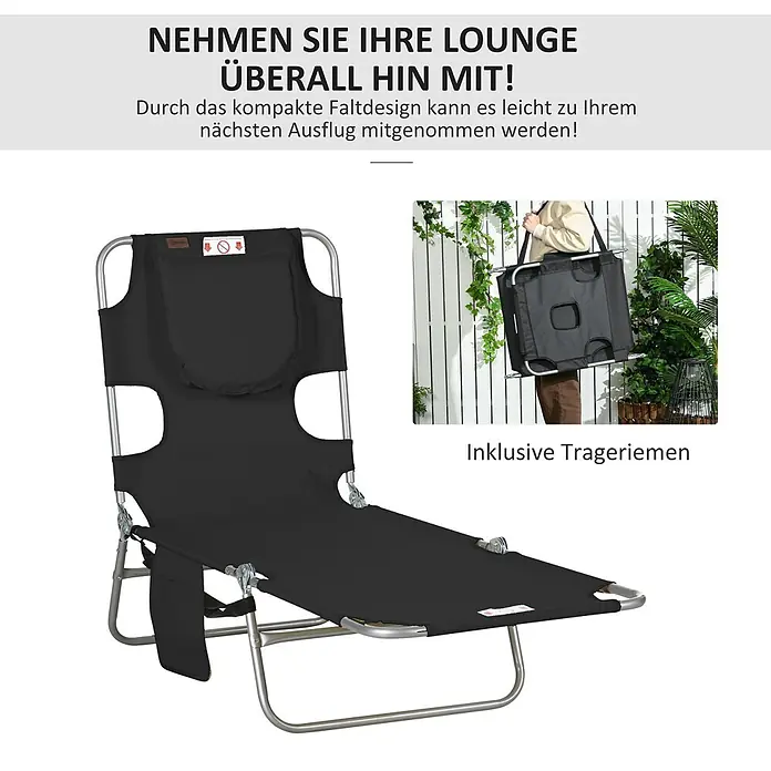 Outsunny Gartenliege - B x T: 55 x 185 cm, Schwarz, Polyester, Klappbar - Schwarze klappbare Liege, entfaltet und gefaltet mit Trageriemen getragen dargestellt.