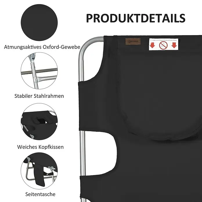 Outsunny Gartenliege - B x T: 55 x 185 cm, Schwarz, Polyester, Klappbar - Schwarzes Feldbett mit atmungsaktivem Oxford-Gewebe, stabilem Stahlrahmen, weichem Kissen und Seitentasche, zeigt Produktmerkmale.