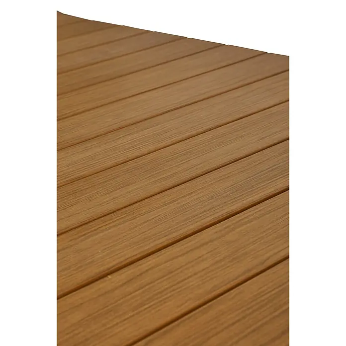 Ebuy24 Gartentisch Joan - L x B x H: 100 x 275 x 76 cm, Ø x H: 275 x 76 cm, Aluminium, Polywood, Sonstige, Schwarz - Nahaufnahme einer braunen Holzmaserungsoberfläche, eventuell Tischplatte oder Terrassenbelag.