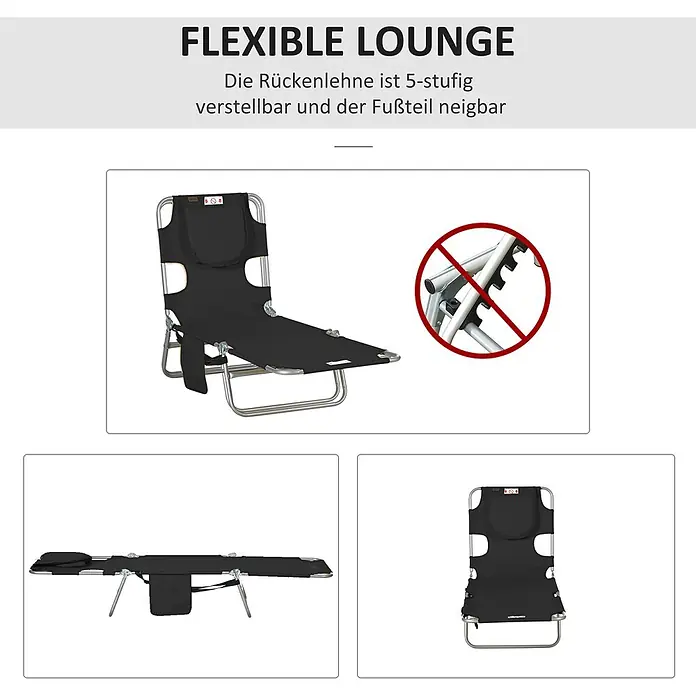 Outsunny Gartenliege - B x T: 55 x 185 cm, Schwarz, Polyester, Klappbar - Schwarze, tragbare Liege mit silbernem Metallgestell, verstellbarer Rückenlehne und klappbarem Design.