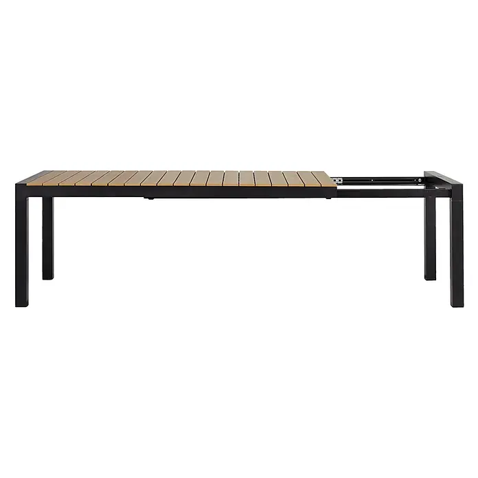 Ebuy24 Gartentisch Joan - L x B x H: 100 x 275 x 76 cm, Ø x H: 275 x 76 cm, Aluminium, Polywood, Sonstige, Schwarz - Ausziehbarer Gartentisch mit Lattenplatte aus Naturholz und schwarzem Metallgestell, teilweise ausgezogen.