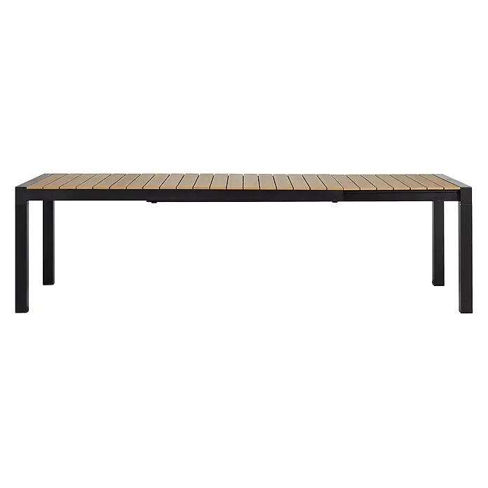 Ebuy24 Gartentisch Joan - L x B x H: 100 x 275 x 76 cm, Ø x H: 275 x 76 cm, Aluminium, Polywood, Sonstige, Schwarz - Ausziehbarer rechteckiger Gartentisch mit schwarzem Gestell und heller Holzlattenplatte.