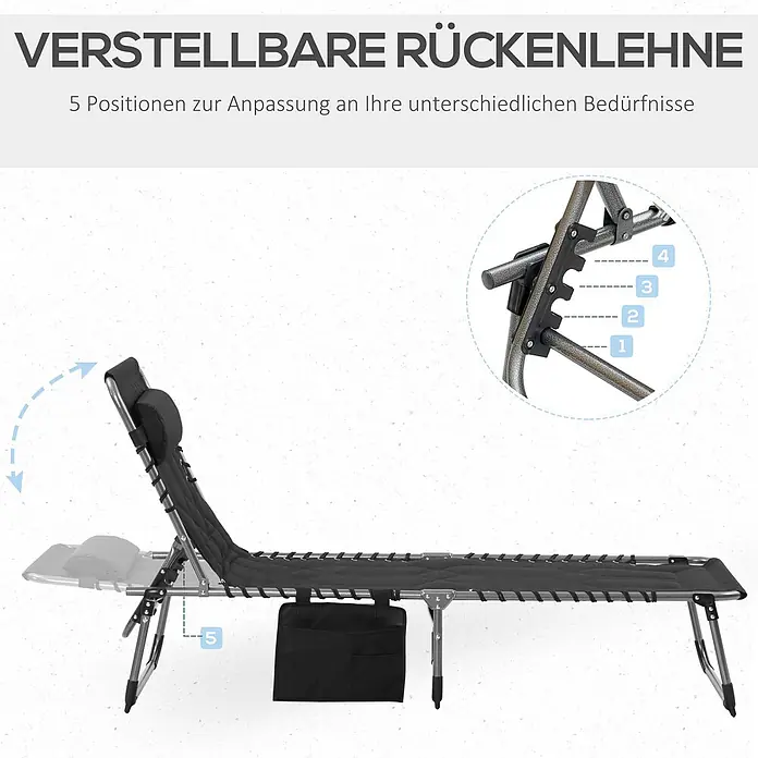 Furnicato Gartenliege - B x T: 57 x 188 cm, Silber, Schwarz, Polyester - Schwarze Liege mit verstellbarer Rückenlehne in 5 Positionen und Beinauflage, Metallrahmen, mit Seitentasche.