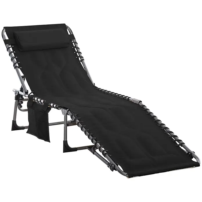 Furnicato Gartenliege - B x T: 57 x 188 cm, Silber, Schwarz, Polyester - Schwarze gepolsterte Zero-Gravity-Liege mit Metallrahmen, verstellbarer Rückenlehne, Kopfstütze und seitlicher Tasche.