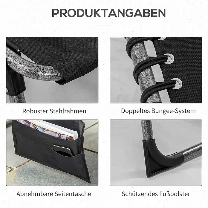 Furnicato Gartenliege - B x T: 57 x 188 cm, Silber, Schwarz, Polyester - Merkmale eines schwarzen Liegestuhls: robuster Stahlrahmen, doppeltes Bungee-System, abnehmbare Seitentasche, schützende Fußpolster.