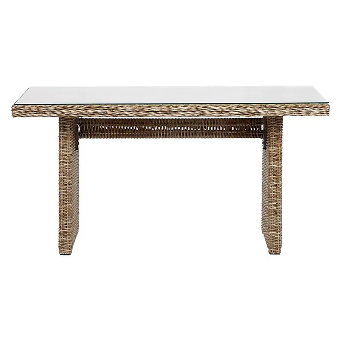 Ebuy24 Gartentisch Gram - L x B x H: 76 x 142 x 68 cm, Ø x H: 142 x 68 cm, Aluminium, Rattan, Glas Rattan = Polyrattan, Sonstige, Holz - Rechteckiger Rattan-Tisch mit Glasplatte in Naturfarben.