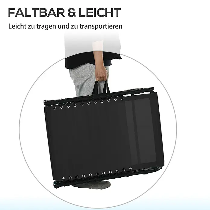 Furnicato Gartenliege - B x T: 58 x 189 cm, Schwarz, Polyester - Eine Person trägt ein gefaltetes, schwarzes, leichtes Fitness-Trampolin am Griff.