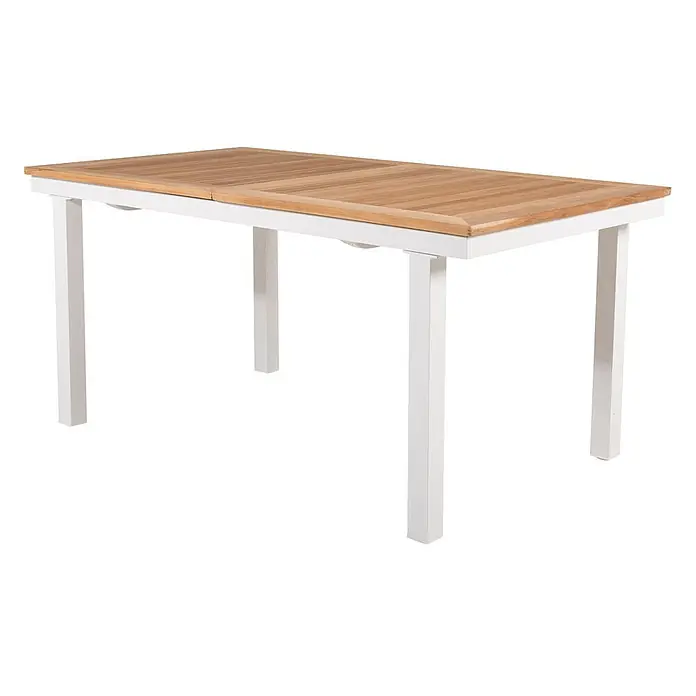Ebuy24 Gartentisch Panama - L x B x H: 240 x 90 x 76 cm, Ø x H: 90 x 76 cm, Aluminium, Teak, Sonstige, Weiß - Rechteckiger Ausziehtisch für den Außenbereich mit Naturholzplatte und weißen Beinen.