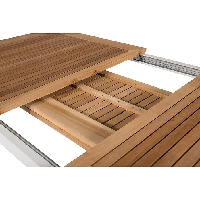 Ebuy24 Gartentisch Panama - L x B x H: 240 x 90 x 76 cm, Ø x H: 90 x 76 cm, Aluminium, Teak, Sonstige, Weiß - Ausziehbarer Teakholztisch, teilweise geöffnet, mit Holzlattenstützen und Metallauszügen.