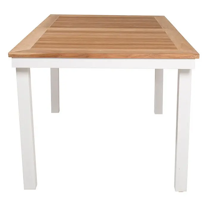 Ebuy24 Gartentisch Panama - L x B x H: 240 x 90 x 76 cm, Ø x H: 90 x 76 cm, Aluminium, Teak, Sonstige, Weiß - Rechteckiger Gartentisch mit Naturholz-Lattenplatte und weißem Gestell.