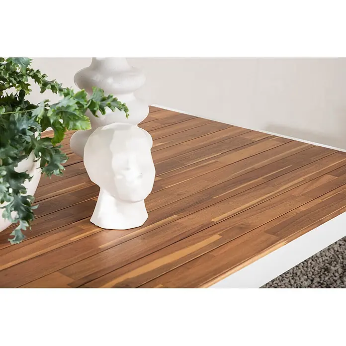 Ebuy24 Gartentisch Bois - L x B x H: 205 x 90 x 76 cm, Ø x H: 90 x 76 cm, Akazie, Aluminium, Sonstige, Weiss - Holztischplatte mit Lattenmuster, verziert mit Pflanze und weißer Keramik.