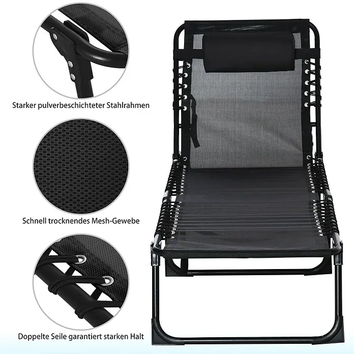 Furnicato Gartenliege - B x T: 58 x 189 cm, Schwarz, Polyester - Schwarzer Liegestuhl mit pulverbeschichtetem Stahlrahmen und schnell trocknendem Netzgewebe, gehalten durch ein starkes Seilzugsystem.