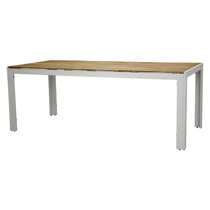 Ebuy24 Gartentisch Bois - L x B x H: 205 x 90 x 76 cm, Ø x H: 90 x 76 cm, Akazie, Aluminium, Sonstige, Weiss - Rechteckiger Outdoor-Esstisch mit lattenförmiger heller Holzplatte und hellgrauem Metallrahmen und -beinen.
