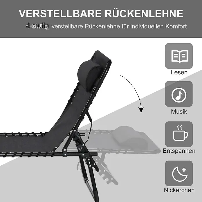 Furnicato Gartenliege - B x T: 58 x 189 cm, Schwarz, Polyester - Schwarzer Liegestuhl mit verstellbarer Rückenlehne für individuellen Komfort bei verschiedenen Aktivitäten.
