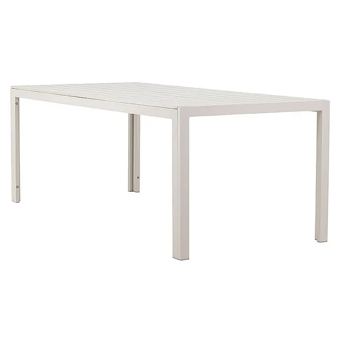 Ebuy24 Gartentisch Mirko - L x B x H: 205 x 90 x 74 cm, Ø x H: 90 x 74 cm, AluminiumSperrholz, Beige - Hellgrauer rechteckiger Outdoor-Tisch mit Lattenrostplatte und stabilem Gestell.