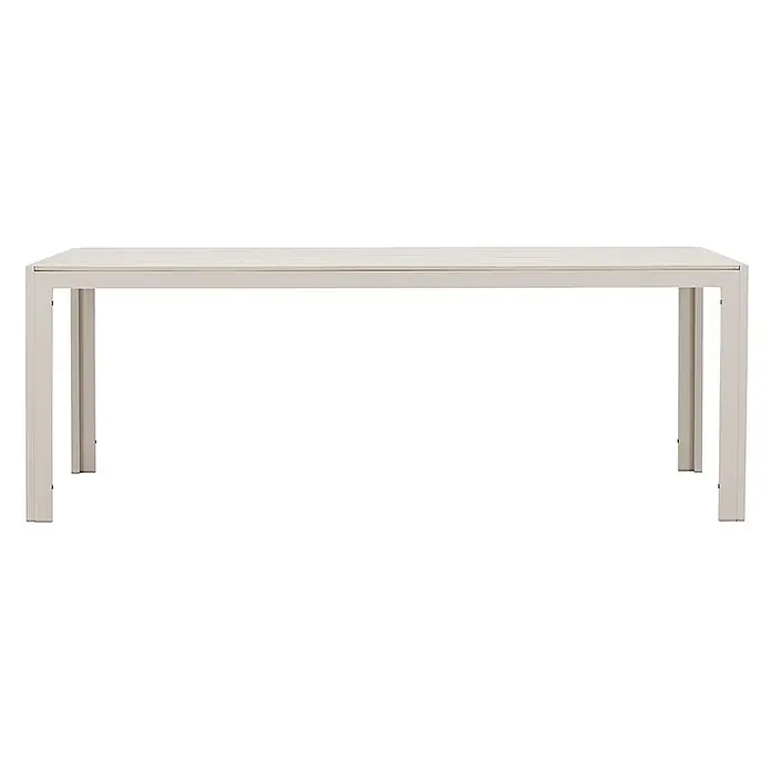 Ebuy24 Gartentisch Mirko - L x B x H: 205 x 90 x 74 cm, Ø x H: 90 x 74 cm, AluminiumSperrholz, Beige - Rechteckiger hellbeiger Gartentisch mit Lattenplatte und geraden Beinen.