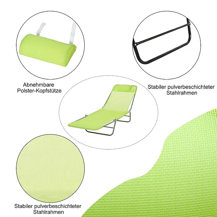 Furnicato Gartenliege - B x T: 57 x 182 cm, Grün, Textil - Grüne Sonnenliege mit abnehmbarer Kopfstütze, stabilem pulverbeschichtetem Stahlrahmen und atmungsaktivem Netzgewebe.