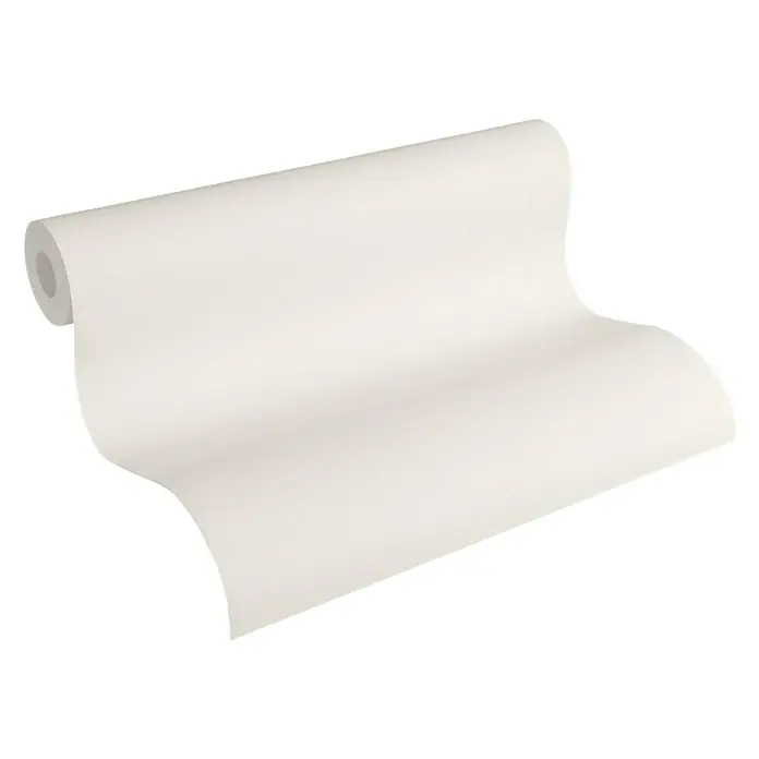 A.S. Création Vliestapete Glatte Wand Meistervlies 5 - Beige/Creme, Uni, 10,05 x 0,53 m - Eine Rolle weiße, ungemusterte Tapete, teilweise abgerollt, auf einem neutralen Hintergrund. Ideal für individuelle Wandgestaltungen und Renovierungen.