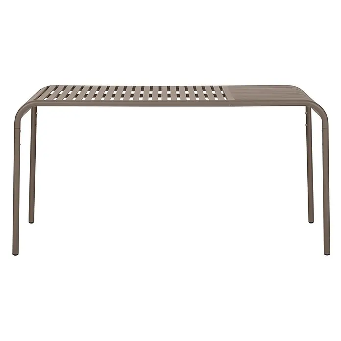 Ebuy24 Gartentisch Stella - L x B x H: 150 x 90 x 75 cm, Ø x H: 90 x 75 cm, Aluminium, Sonstige, Braun - Rechteckiger taupefarbener Metalltisch mit Lattenplatte und abgerundeten Rohrbeinen.
