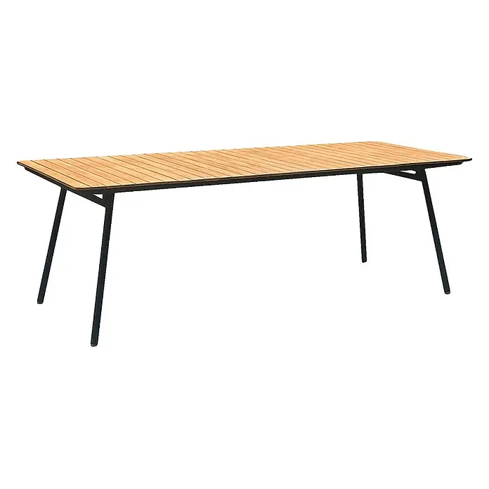 Ebuy24 Gartentisch Cleveland - L x B x H: 220 x 90 x 74 cm, Ø x H: 90 x 74 cm, Teak, Metall, Teak - Rechteckiger Outdoor-Esstisch mit einer Lattenrostplatte aus hellem Holz und schwarzen Metallbeinen.