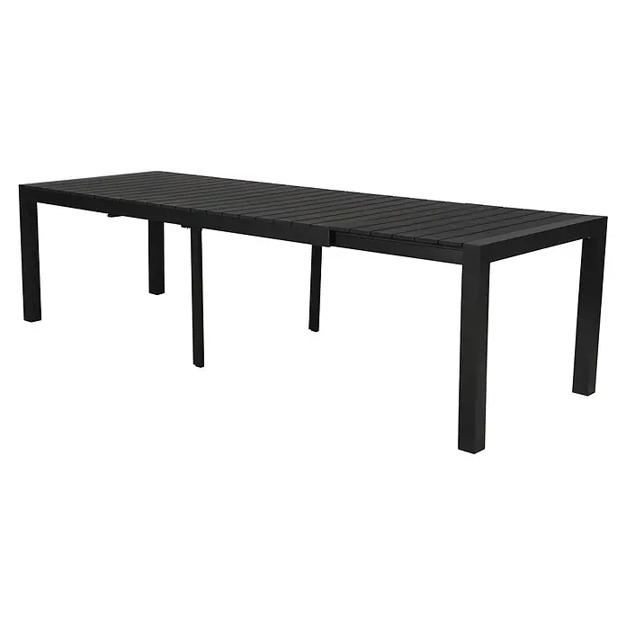 Ebuy24 Gartentisch Grup - L x B x H: 100 x 343 x 76 cm, Ø x H: 343 x 76 cm, Aluminium, Polywood, Sonstige, Schwarz - Schwarzer, ausziehbarer Gartentisch mit Lattenplatte und rechteckigen Beinen.