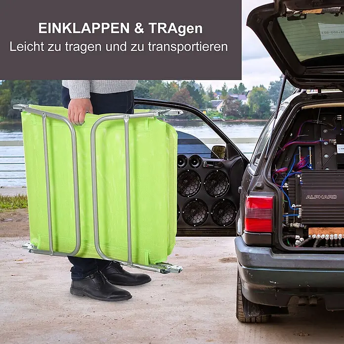 Furnicato Gartenliege - B x T: 57 x 182 cm, Grün, Textil - Person hält eine zusammengeklappte grüne Liege mit silbernem Rahmen, bereit zum Autotransport.