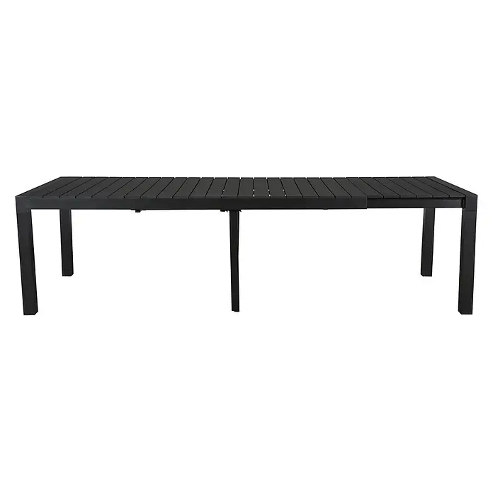 Ebuy24 Gartentisch Grup - L x B x H: 100 x 343 x 76 cm, Ø x H: 343 x 76 cm, Aluminium, Polywood, Sonstige, Schwarz - Schwarzer ausziehbarer Gartentisch mit Lattenrostplatte und mittlerem Stützbein.