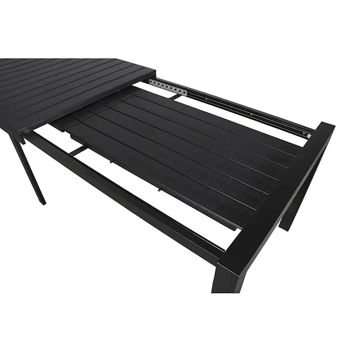Ebuy24 Gartentisch Grup - L x B x H: 100 x 343 x 76 cm, Ø x H: 343 x 76 cm, Aluminium, Polywood, Sonstige, Schwarz - Dunkelgrauer ausziehbarer Gartentisch mit Lattenplatte und Metallgestell, teilweise ausgezogen mit sichtbarem Ausziehmechanismus.
