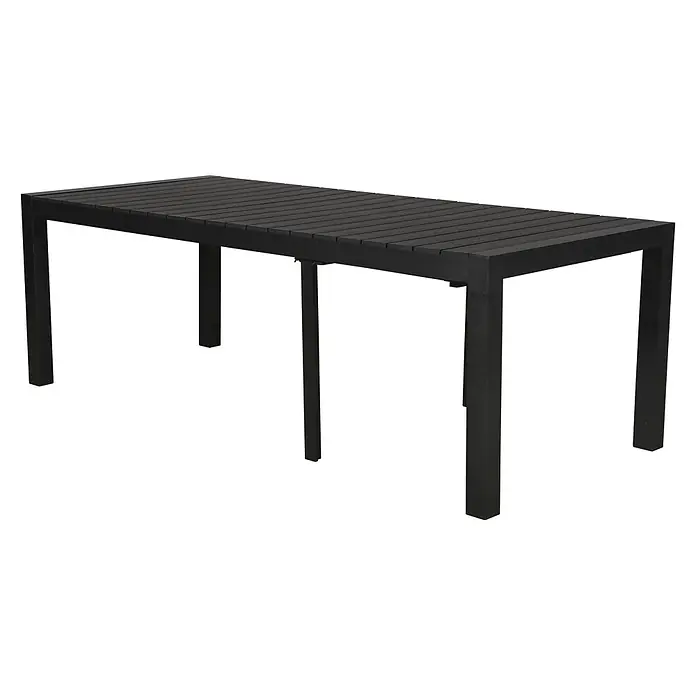 Ebuy24 Gartentisch Grup - L x B x H: 100 x 343 x 76 cm, Ø x H: 343 x 76 cm, Aluminium, Polywood, Sonstige, Schwarz - Rechteckiger schwarzer Lamellen-Esstisch für den Außenbereich mit Metallrahmen.
