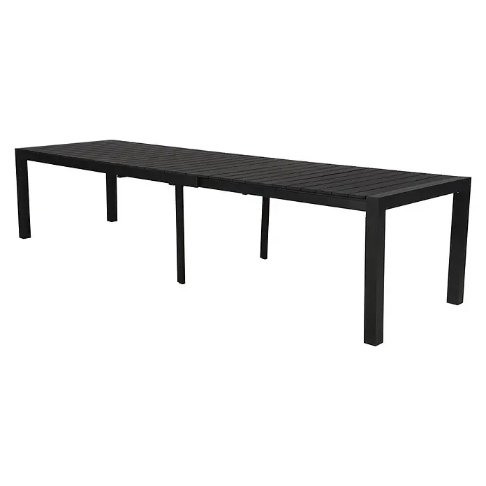 Ebuy24 Gartentisch Grup - L x B x H: 100 x 343 x 76 cm, Ø x H: 343 x 76 cm, Aluminium, Polywood, Sonstige, Schwarz - Schwarzer ausziehbarer Gartentisch mit Lattenplatte.
