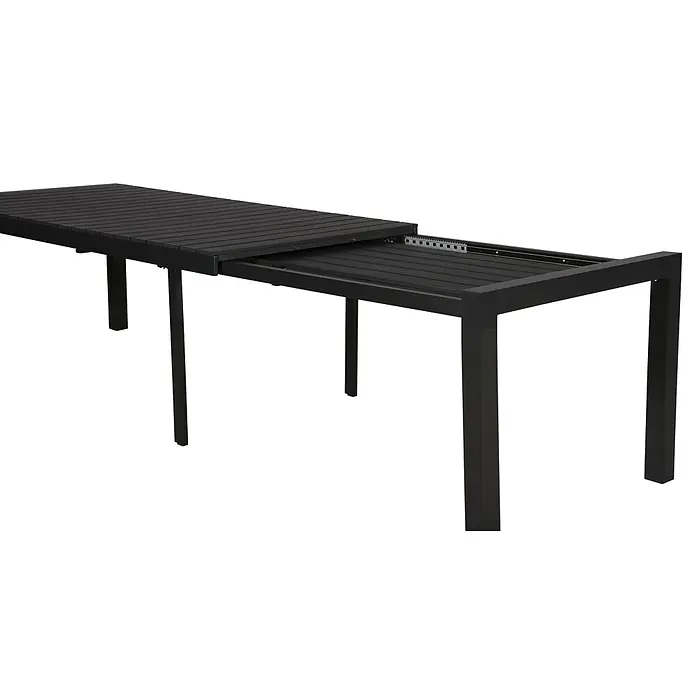 Ebuy24 Gartentisch Grup - L x B x H: 100 x 343 x 76 cm, Ø x H: 343 x 76 cm, Aluminium, Polywood, Sonstige, Schwarz - Schwarzer ausziehbarer Gartentisch mit Lamellenplatte, eine Sektion ausgefahren.
