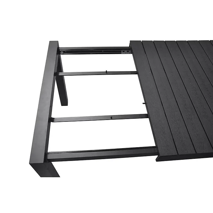 Ebuy24 Gartentisch Grup - L x B x H: 100 x 343 x 76 cm, Ø x H: 343 x 76 cm, Aluminium, Polywood, Sonstige, Schwarz - Dunkelgrauer Lamellen-Gartentisch mit sichtbarem Ausziehmechanismus und Metallrahmen.
