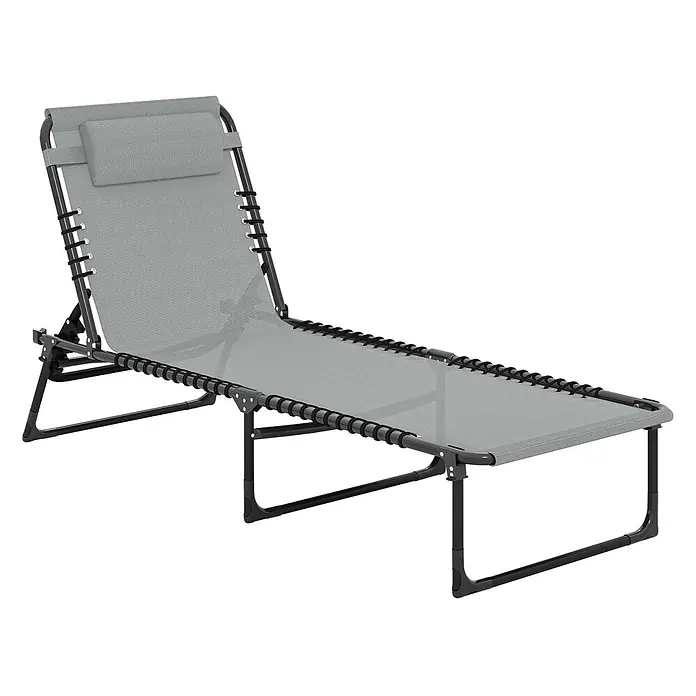 Furnicato Gartenliege - B x T: 58 x 189 cm, Hellgrau, Verbundwerkstoff - Graue klappbare Sonnenliege mit verstellbarer Rückenlehne und Kopfstütze, mit schwarzen Bungee-Schnüren an einem schwarzen Metallrahmen aufgehängt.