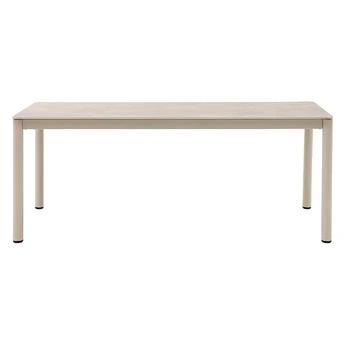 Ebuy24 Gartentisch Asta - L x B x H: 90 x 200 x 74 cm, Ø x H: 200 x 74 cm, Aluminium, Keramik, Sonstige, Sandfarben - Rechteckiger, hellbeiger Esstisch mit Steinoptik-Platte und Metallbeinen.
