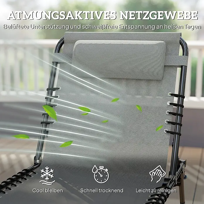 Outsunny Gartenliege - B x T: 58 x 189 cm, Grau, Stahl, Klappbar - Grauer Netzgewebe-Liegestuhl für draußen mit atmungsaktivem, schnell trocknendem und leicht zu reinigendem Stoff für Komfort bei heißem Wetter.