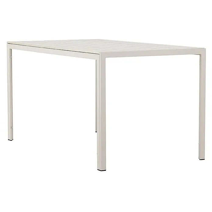 Ebuy24 Gartentisch Mirko - L x B x H: 140 x 80 x 74 cm, Ø x H: 80 x 74 cm, AluminiumSperrholz, Beige - Heller beiger rechteckiger Gartentisch mit Lattenplatte und quadratischem Metallgestell.