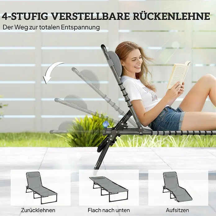 Outsunny Gartenliege - B x T: 58 x 189 cm, Grau, Stahl, Klappbar - Graue, klappbare Sonnenliege mit 4-fach verstellbarer Rückenlehne, von Frau im Freien genutzt.