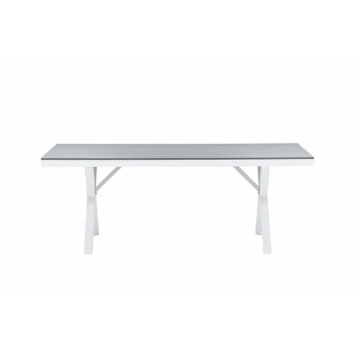 Ebuy24 Gartentisch Garcia - L x B x H: 200 x 100 x 74 cm, Ø x H: 100 x 74 cm, Nonwood, Aluminum, Grau - Rechteckiger Tisch mit grauer Lattenplatte und weißen Y-förmigen Metallbeinen.