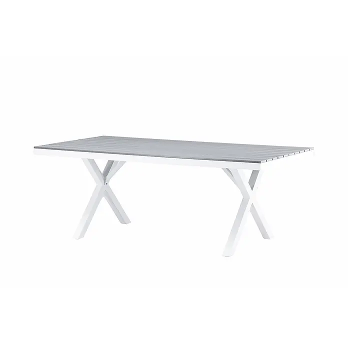 Ebuy24 Gartentisch Garcia - L x B x H: 200 x 100 x 74 cm, Ø x H: 100 x 74 cm, Nonwood, Aluminum, Grau - Rechteckiger Tisch mit grauer Lattenplatte und weißen X-förmigen Beinen.
