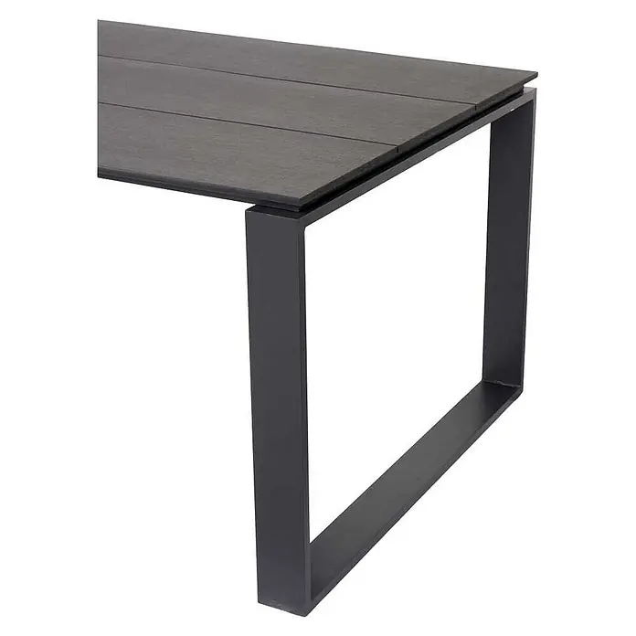 Ebuy24 Gartentisch Martinus - L x B x H: 100 x 210 x 75 cm, Ø x H: 210 x 75 cm, Aluminium, Polywood, Sonstige, Dunkelgrau - Detail eines dunkelgrauen Lamellentisches mit einem eleganten schwarzen U-förmigen Metallbein.