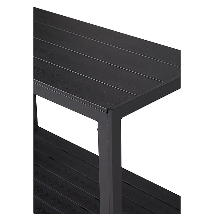 Ebuy24 Gartentisch Laust - L x B x H: 45 x 90 x 74 cm, Ø x H: 90 x 74 cm, Aluminium, Polywood, Kunststoff, Sonstige, Schwarz - Schwarzes Lattenregal mit Metallrahmen und Holzmaserung.
