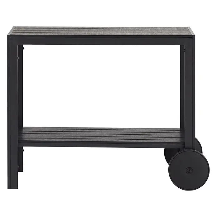 Ebuy24 Gartentisch Laust - L x B x H: 45 x 90 x 74 cm, Ø x H: 90 x 74 cm, Aluminium, Polywood, Kunststoff, Sonstige, Schwarz - Dunkelgrauer Servierwagen mit zwei Ebenen, Lamellenablagen, schwarzem Metallrahmen und zwei Rollen.