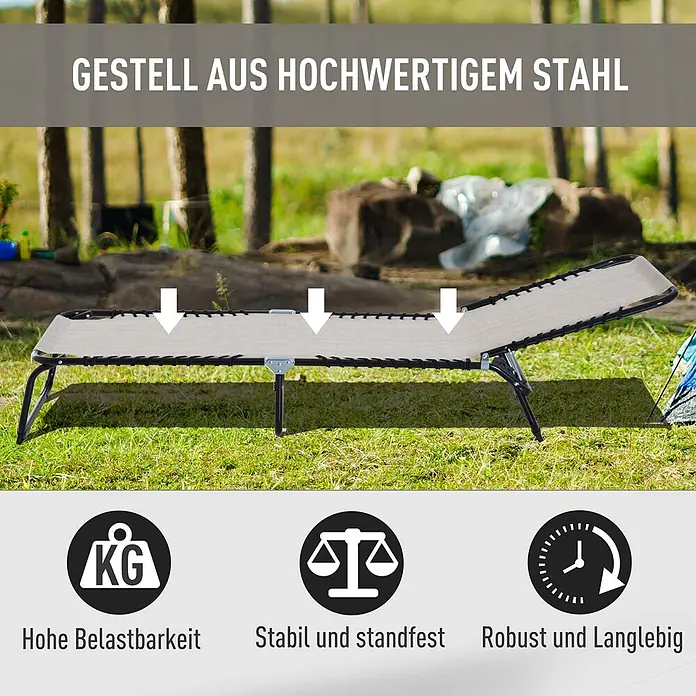 Furnicato Gartenliege - B x T: 58 x 189 cm, Cremeweiß, Polyester - Ein beiger Outdoor-Liegestuhl mit schwarzem Gestell.