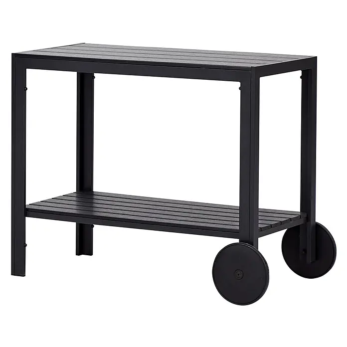 Ebuy24 Gartentisch Laust - L x B x H: 45 x 90 x 74 cm, Ø x H: 90 x 74 cm, Aluminium, Polywood, Kunststoff, Sonstige, Schwarz - Schwarzer Outdoor-Servierwagen mit zwei Ablagen und Rollen.