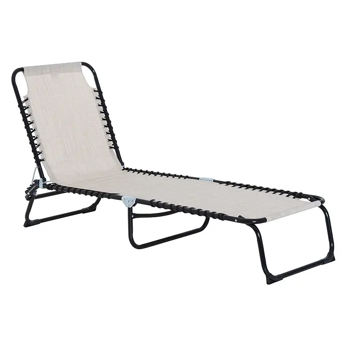 Furnicato Gartenliege - B x T: 58 x 189 cm, Cremeweiß, Polyester - Beiger faltbarer Liegestuhl mit schwarzem Metallrahmen und Bungee-Seil-Aufhängung.