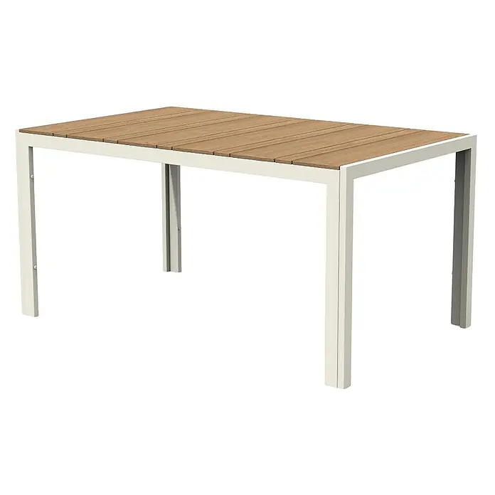 Ebuy24 Gartentisch Noah - L x B x H: 90 x 150 x 74 cm, Ø x H: 150 x 74 cm, Aluminium, Nonwood, Sonstige, Teak - Rechteckiger Gartentisch mit cremefarbenem Metallgestell und Lattenholzplatte.