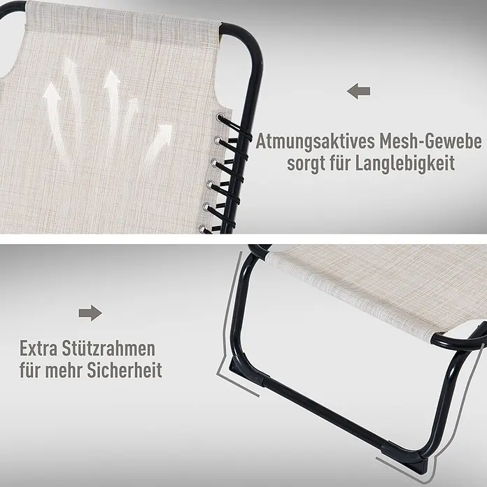 Furnicato Gartenliege - B x T: 58 x 189 cm, Cremeweiß, Polyester - Hellbeiges, atmungsaktives Mesh-Gewebe einer Liege mit robustem schwarzem Stützrahmen.